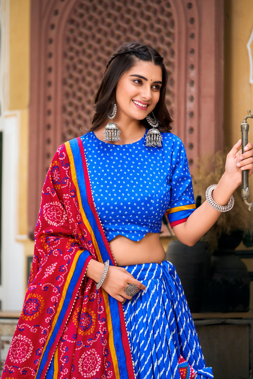 Elegant Leheriya Print Tussar Silk Lehenga Choli with Patola Print Border & Bandhani Dupatta