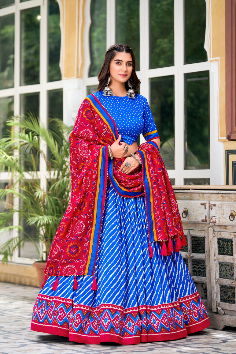 Elegant Leheriya Print Tussar Silk Lehenga Choli with Patola Print Border & Bandhani Dupatta