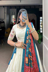 Khadi Cotton Lehenga Set with Sequins & Thread Embroidery and Gaji Silk Dupatta