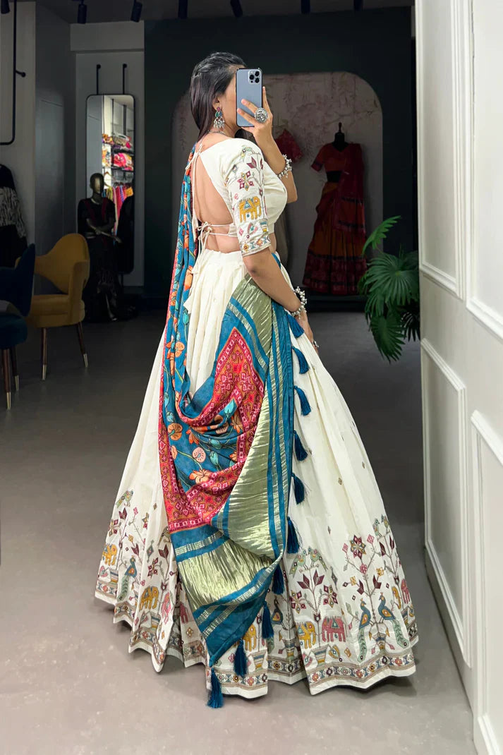 Khadi Cotton Lehenga Set with Sequins & Thread Embroidery and Gaji Silk Dupatta
