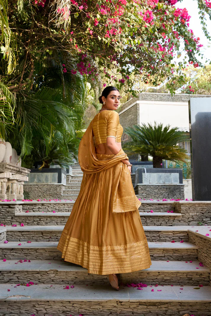 Graceful Pure Chanderi Lehenga with Zari Weaving Border & Sequins Embroidered Dupatta