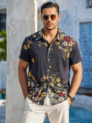 Midnight Bloom Men's Floral Shirt – Black Button-Up with Vibrant Garden Print