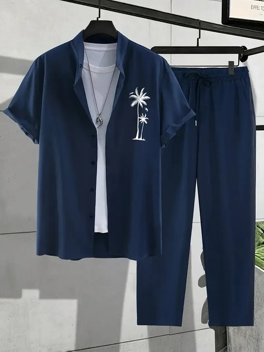 Korean Style Co-ord – Navy Blue Shirt with Palm Tree Print & Relaxed Pants