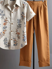 Korean Fit Co-ord – Soft Floral Shirt with Earth-Tone Trousers