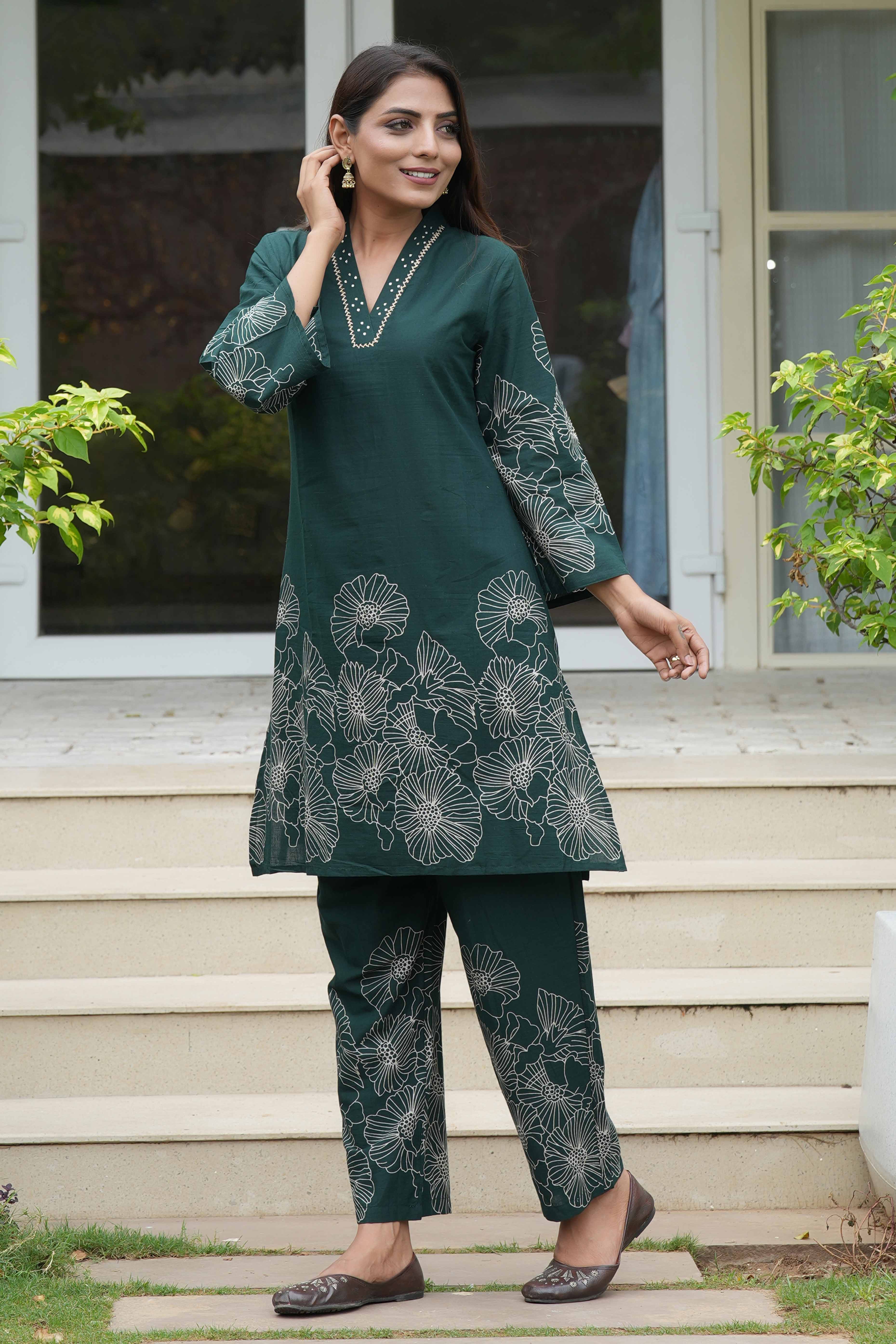 Bottle Green Floral Embroidered Co-Ord Set – Top & Bottom