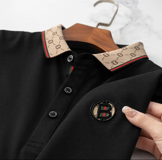 Luxury Beige Polo T-Shirt with Designer Collar & Signature B Emblem