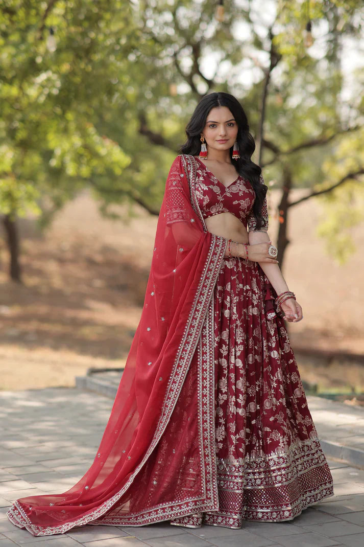 Elegant Full-Stitched Pure Dyable Viscose Jacquard Lehenga with Sequins Embroidery | Unstitched Matching Blouse & Russian Silk Dupatta
