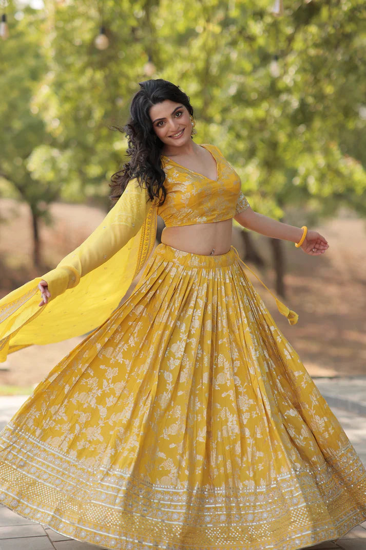Stunning Full-Stitched Dyable Viscose Jacquard Lehenga with Sequins Embroidery | Unstitched Blouse & Russian Silk Dupatta