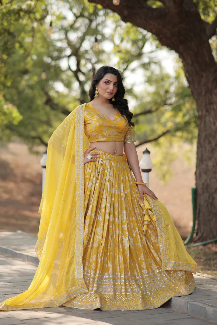 Stunning Full-Stitched Dyable Viscose Jacquard Lehenga with Sequins Embroidery | Unstitched Blouse & Russian Silk Dupatta