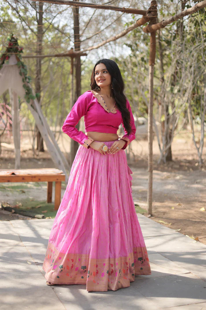Pure Dyable Viscose Jacquard Lehenga with Kalamkari Jari Border and Phantom Blouse – Full-Stitched Set