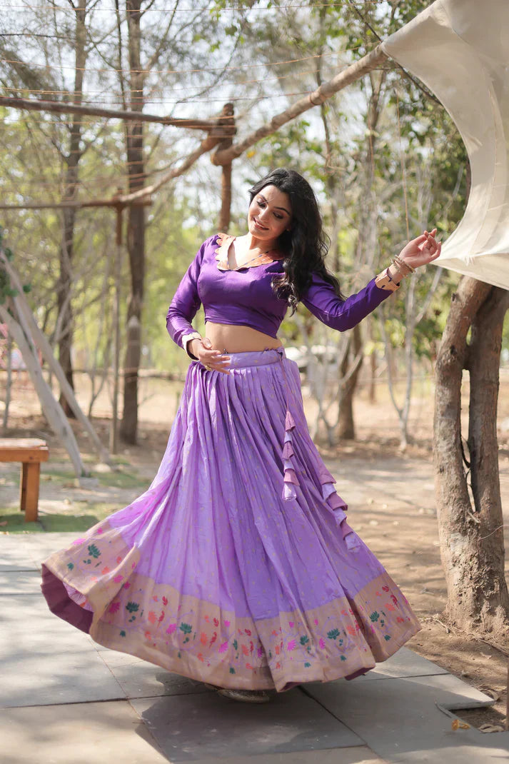 Elegant Full-Stitched Pure Dyable Viscose Jacquard Lehenga with Kalamkari Jari Border & Phantom Blouse