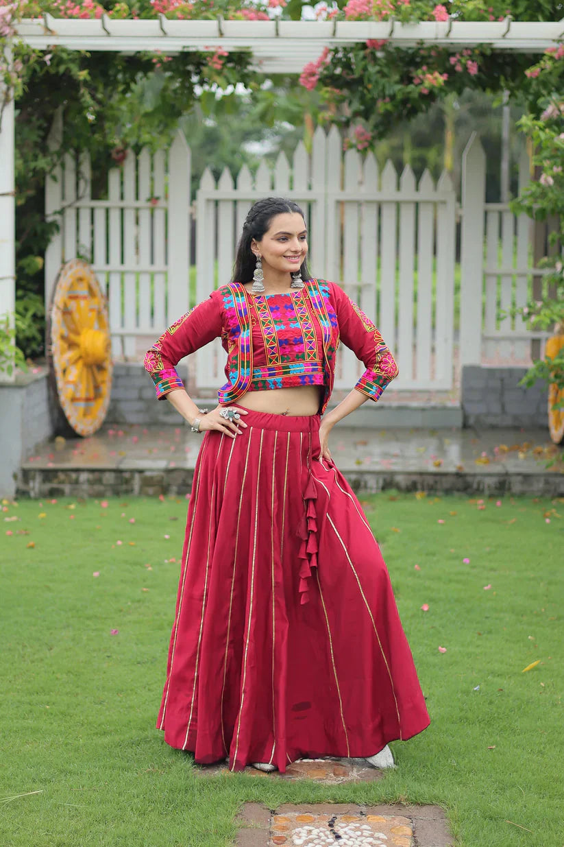 Stunning Roman Fabric Lehenga Set Featuring Gota Patti Lace & Kutchi Gamthi Embroidered Koti Blouse