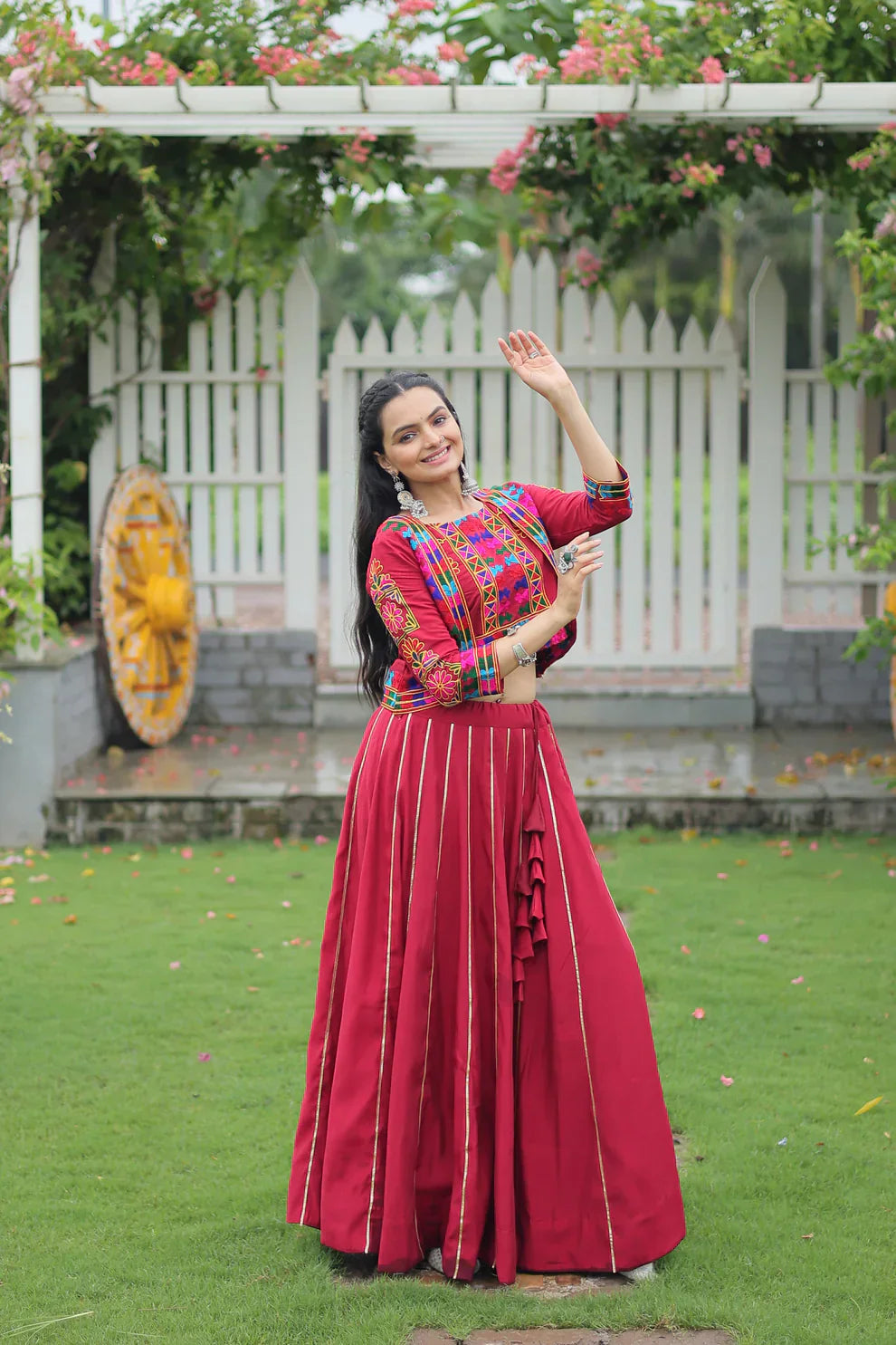 Stunning Roman Fabric Lehenga Set Featuring Gota Patti Lace & Kutchi Gamthi Embroidered Koti Blouse