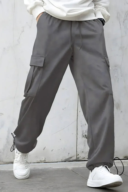 Men’s Korean Dark Grey Cargo Joggers – Relaxed Fit, Streetwear Style with Multiple Utility Pockets & Adjustable Drawstring Hem
