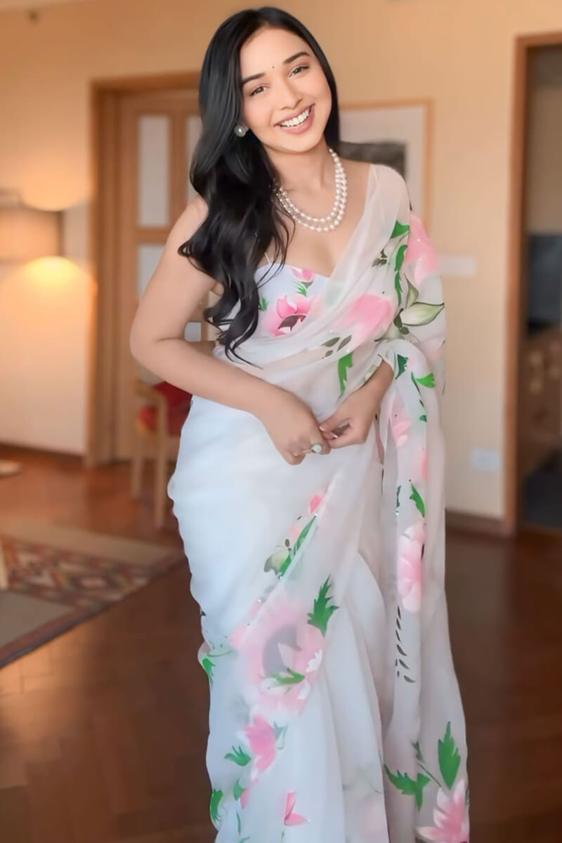 Timeless Sophistication – Off White Organza Silk Pre-Stitched Saree