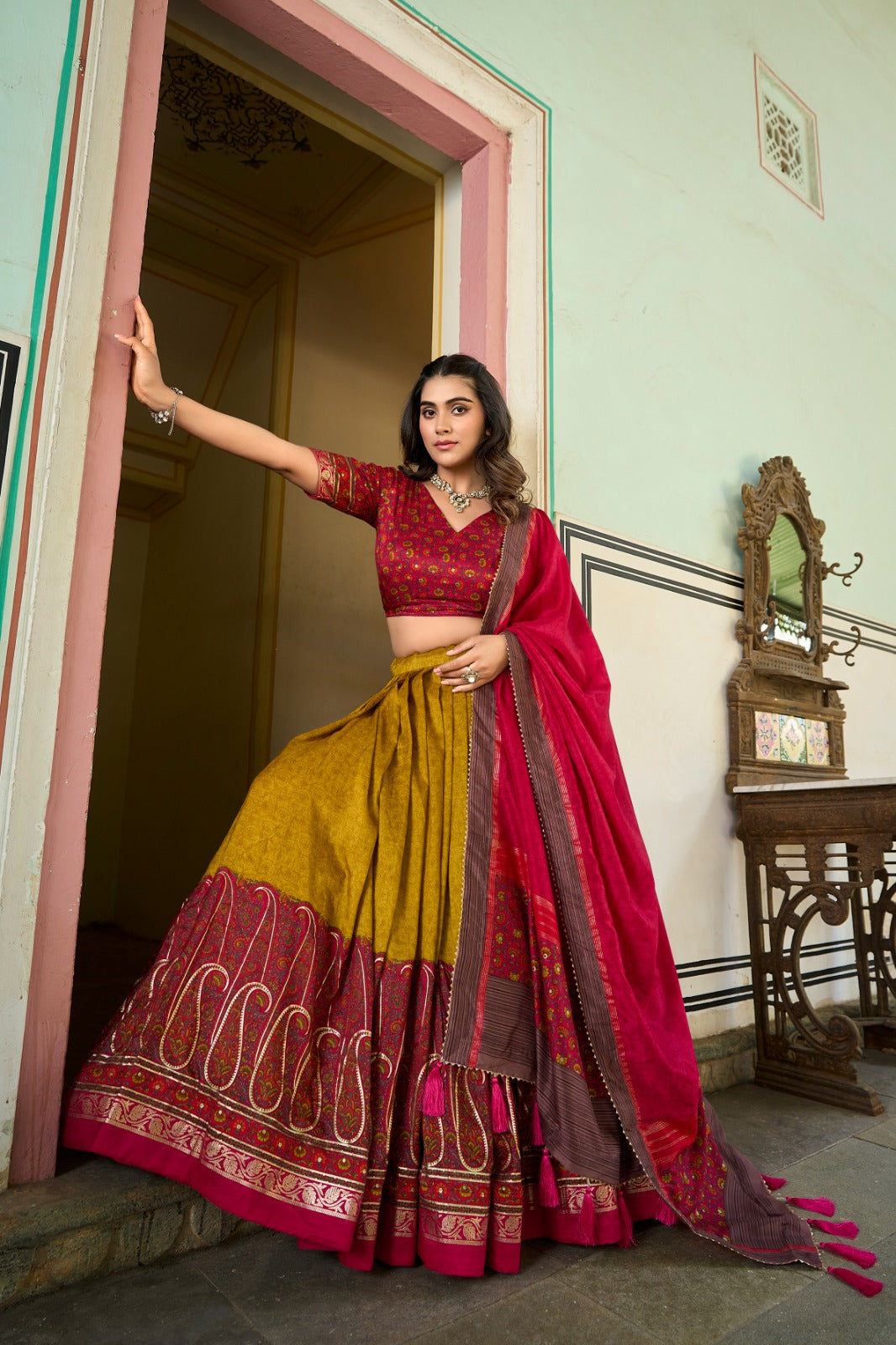 Elegant Tussar Silk Lehenga Choli with Kashmiri Foil Print | Special Occasion Wear
