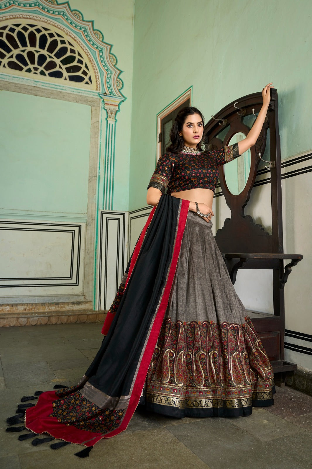 Elegant Tussar Silk Lehenga Choli with Kashmiri Foil Print | Special Occasion Wear