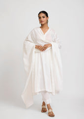 White Cotton Semi-Flared Kurta with Embroidery
