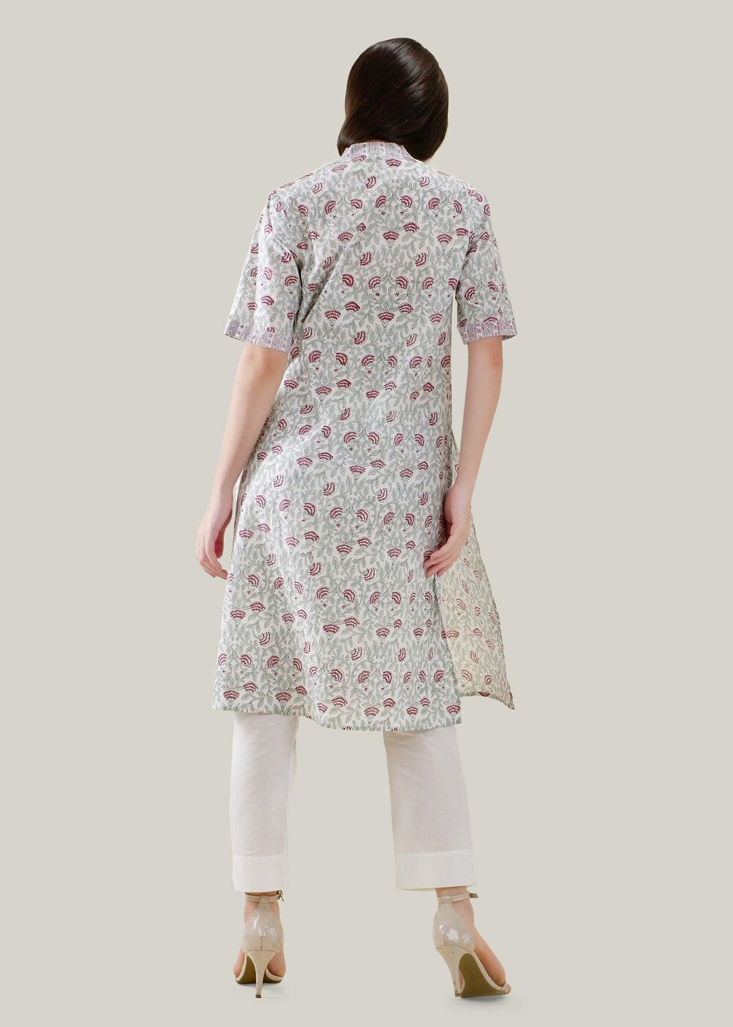 White Cotton V-Neck Kurta with Red Print & Short Sleeves