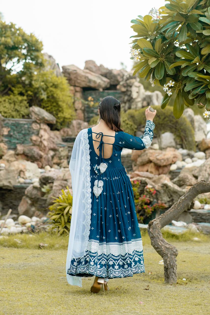 Embroidered Faux Georgette Kurta Set with Dupatta